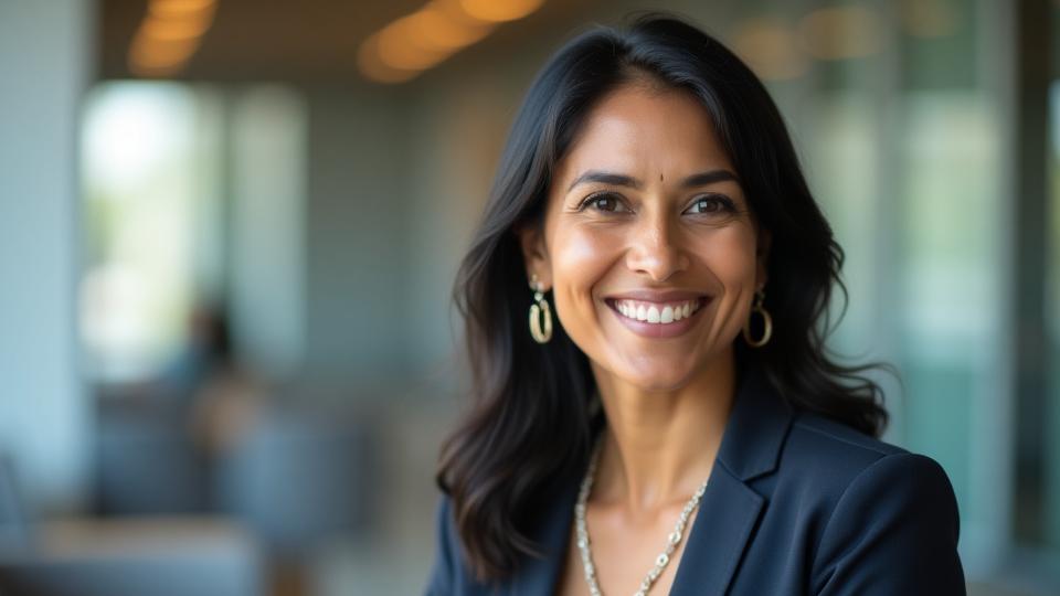 Dr. Alisha Singh, a wellness expert, speaking engagingly at a conference, with a clear, focused expression.