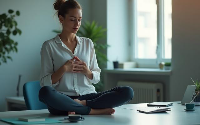 Person meditating at a desk, looking calm
